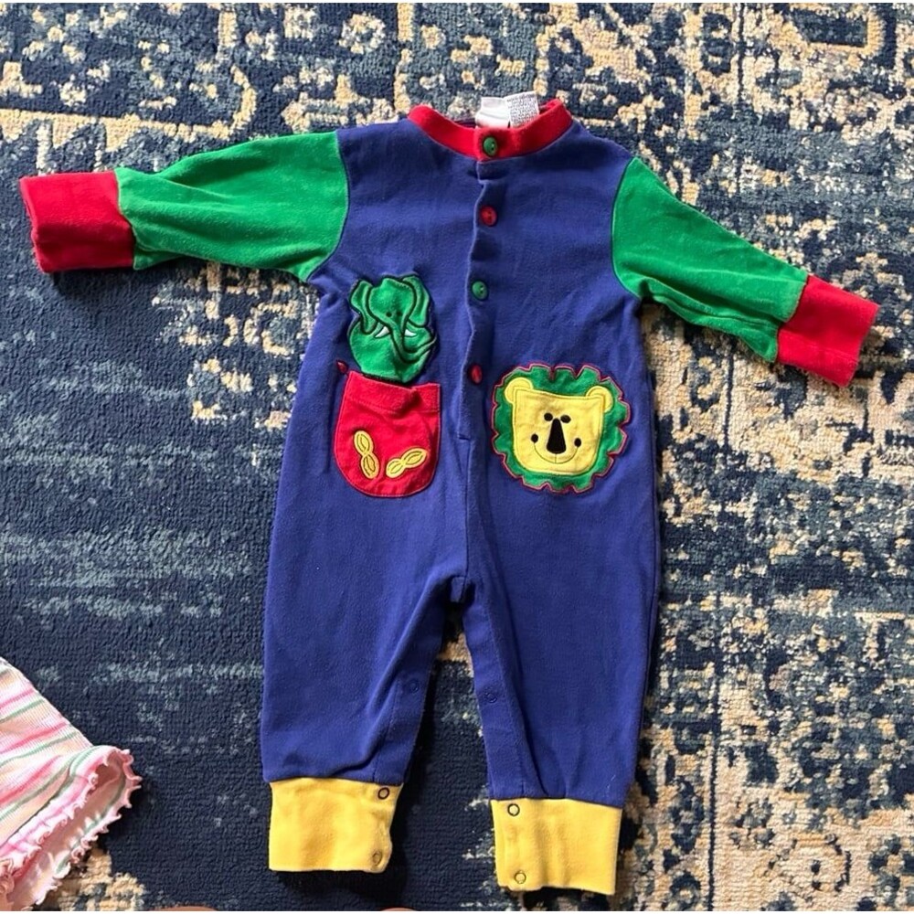 Vintage 90s Baby You’re It! 12M Lion Applique Colorblock Romper Primary Colors